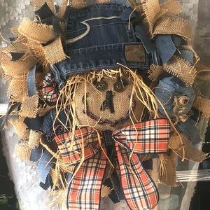 Original, handmade, rustic burlap and repurposed blue jeans Scarecrow rag wreath